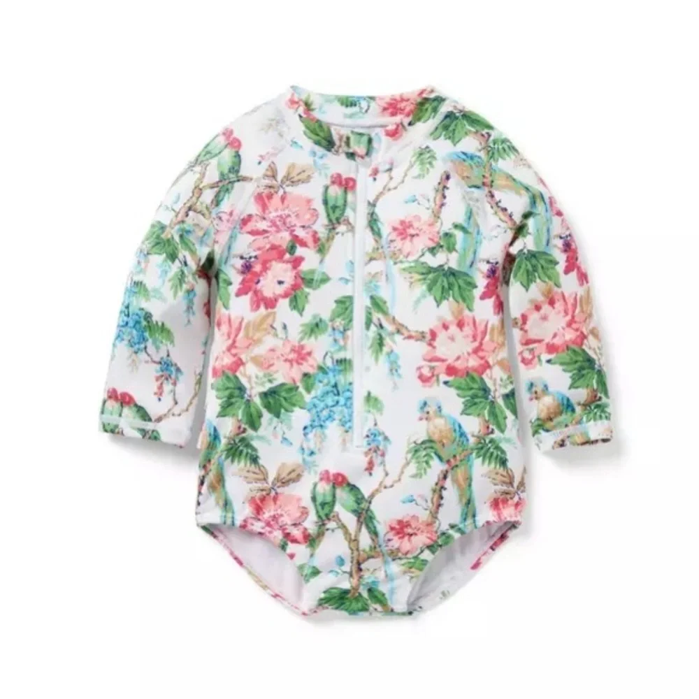 NWT Janie and Jack rash guard swimsuit white tropical floral w ruffles 0-3 month
